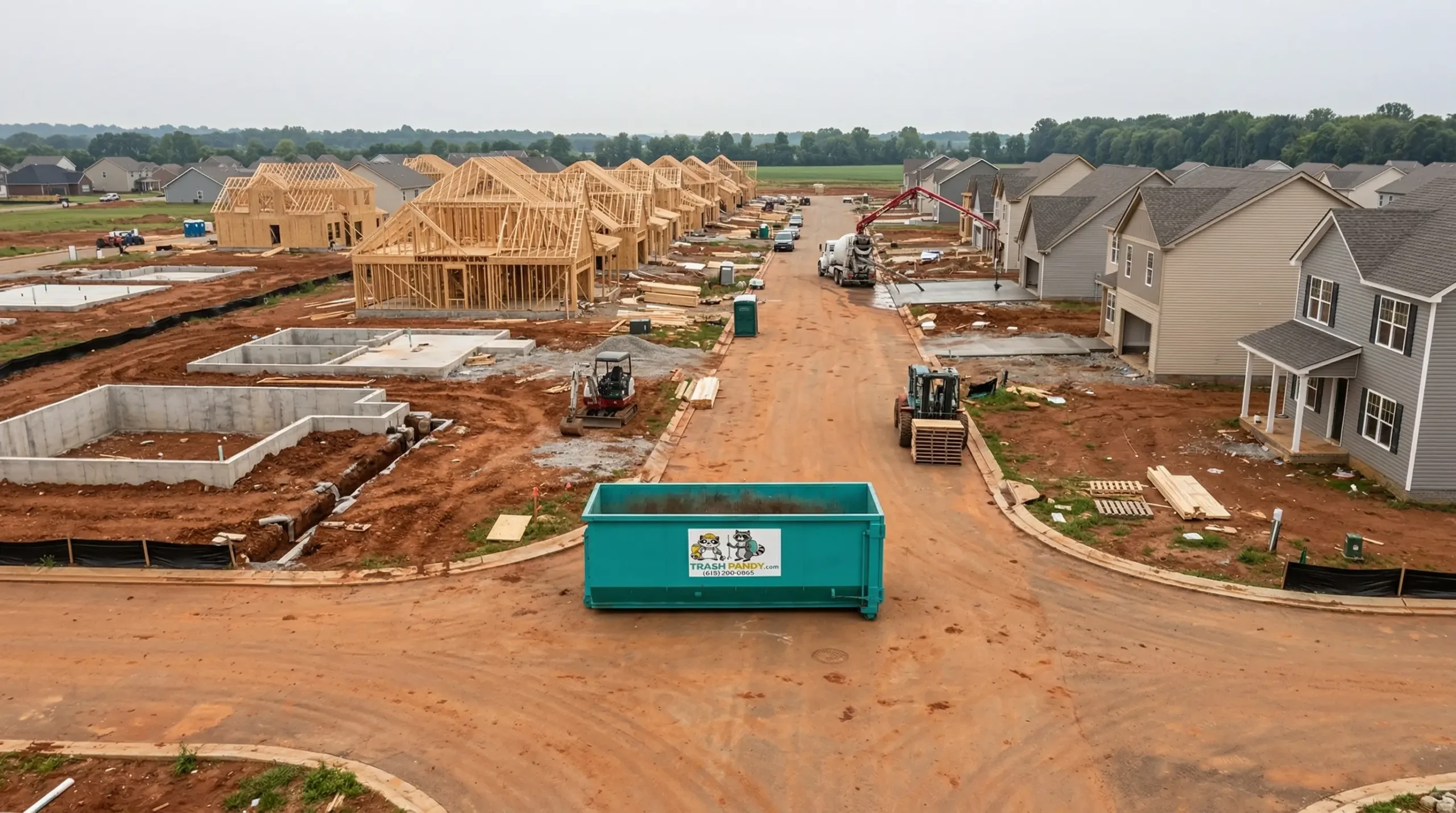 A container on a new build street lined with timber framed houses under construction